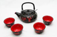 Czarny ceramiczny zestaw do herbaty w kwiatki