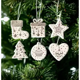 Komplet 6 biało-złotych porcelanowych ozdób na choinkę